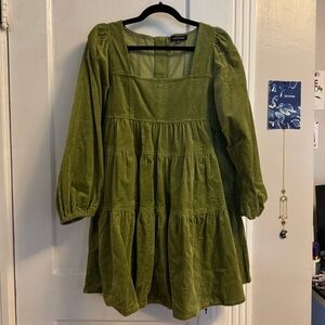 Jacquie the Label Green Corduroy Babydoll Mini Dress